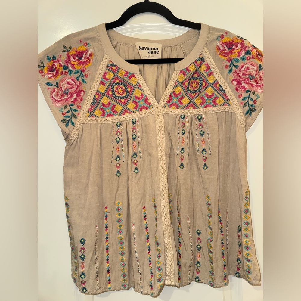 Savanna Jane Floral Embroidered Beige Blouse